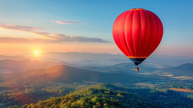 A hot air balloon floats above a mountain range at sunset. The balloon is red and the sky is a mix of orange, yellow, and blue. The mountains are covered in trees and the sun is setting behind them.