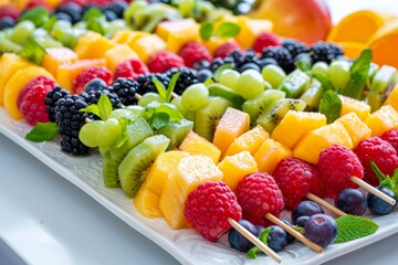 Colorful fruit skewers arranged on a platter, a fun and nutritious snack for all ages.