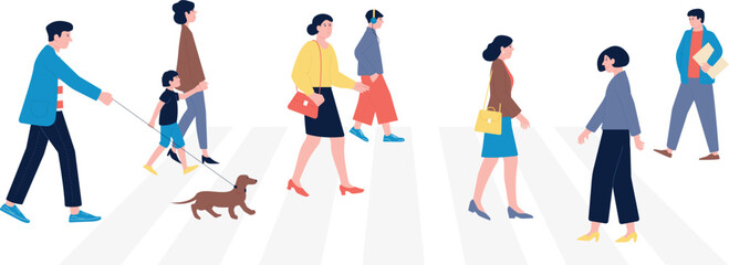People on crosswalk. Pedestrian walking on urban road zebra