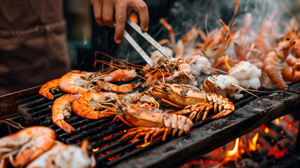 Grilled shrimps sizzling on a barbecue grill
