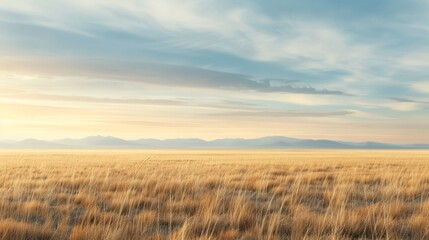 Obraz premium A serene landscape features vast golden grasslands under a soft, pastel sky, evoking a sense of tranquility and natural beauty.