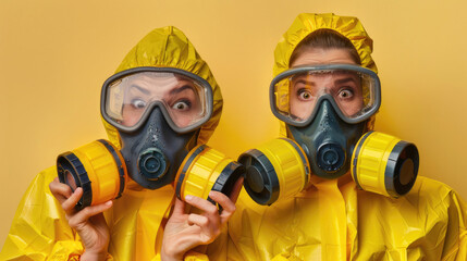 People in chemical protective suits and gas masks against the background of clouds of acrid smoke. Toxic materials, chemistry, hazardous biological substances. 