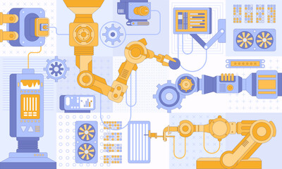 Smart industry 4.0 Robotics Industry automation, industrial IOT, innovative production process Engineering Facility Robot Arm Moving at Different Directions. High Tech Industrial vector infographic