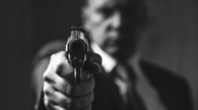 Man pointing gun at camera. Crime, safety, law enforcement, danger. Black and white image.