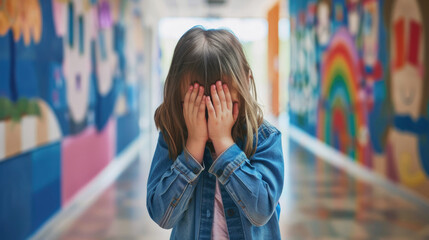Upset white girl child covered his face with hands standing alone in school corridor. Learning difficulties, emotional, bullying in school.