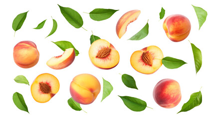 set of peach fruit with half slice and green leaves isolated on transparent white background, clipping path