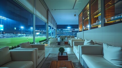 Luxurious VIP Lounge at a Stadiumwith Panoramic Night Views and Stylish Interiors