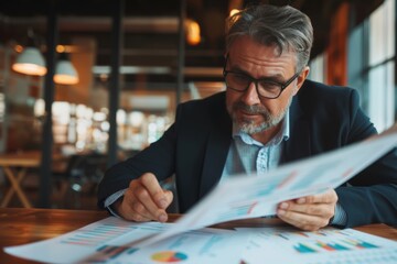 Fototapeta premium Confident businessman reviewing financial charts with a satisfied expression, showcasing his successful business strategies.