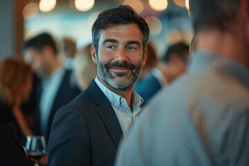 Obraz premium Confident businessman networking at a corporate event, building connections to support his ongoing success.