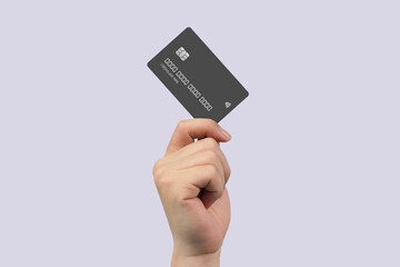 Hand showing credit card, or card, or business card or voucher, isolated on white background, template, mock-up