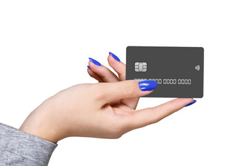 Hand showing credit card, or card, or business card or voucher, isolated on white background, template, mock-up