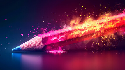 Igniting Inspiration: A blue pencil ignites with fiery passion, symbolizing the explosive power of creativity and the boundless possibilities of imagination. 