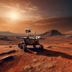 A Mars rover traversing the rugged terrain of the red planet, with dust clouds swirling in its wake. The sun sets on the horizon, casting a warm glow over the Martian landscape.