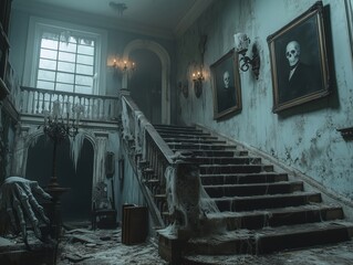 Abandoned manor with haunted house decor and eerie figures