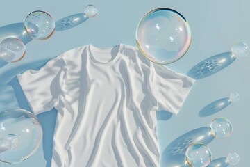 White T-shirt mockup with Transparent Bubbles on a pastel blue background