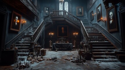 Creaky Victorian house with haunted decor and ghostly presences