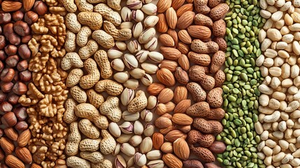 Background from different types of nuts and seeds - peeled walnut, hazelnuts, peeled peanut, pine nut kernels, almond seeds, cashew seeds, pistachio nuts in the shell, pumpkin seeds 