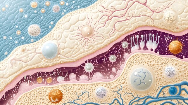 An educational illustration of tactile receptors in the skin, including Meissner's corpuscles, Pacinian corpuscles, Merkel cells, and Ruffini endings, each with distinct visual cues for their function