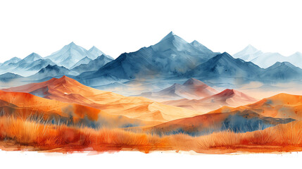 Vibrant watercolor landscape featuring majestic mountains and scenic valleys under a colorful sky, perfect for nature lovers. Water color style