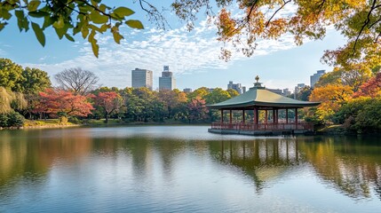 Obraz premium Stroll through Ueno Park in Tokyo during autumn. Admire the vibrant foliage surrounding Lotus Lake and the iconic Shinobazunoike Benten-do Temple, an ethereal sight against the backdrop of the pond.