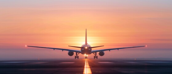 A stunning airplane landing at sunset, creating a beautiful silhouette against the colorful sky.