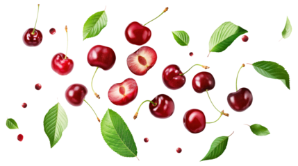 red cherries with green leaves slice isolated on transparent white background, clipping path