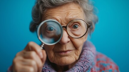 An older woman is holding a magnifying glass up to her face. She is looking at something, but it is not clear what it is. Concept of curiosity and wonder