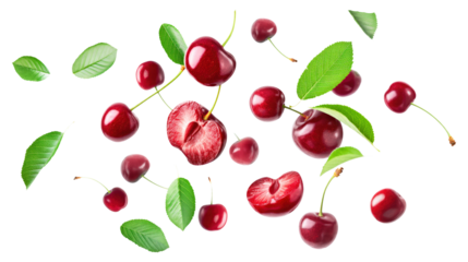 red cherries with green leaves slice isolated on transparent white background, clipping path