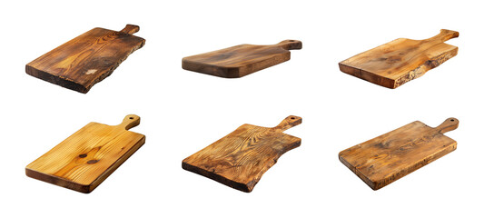 Collection of wooden cutting board or chopping board isolated on a transparent background, cut out, PNG
