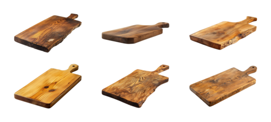 Collection of wooden cutting board or chopping board isolated on a transparent background, cut out, PNG