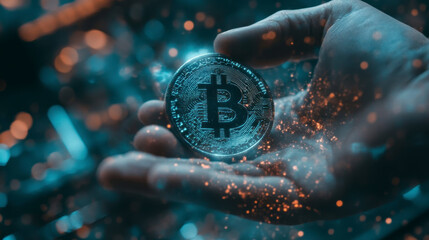 Hand holding Bitcoin, futuristic interface overlay
