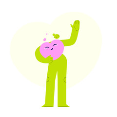 Vector illustration of a happy woman, embracing a big smiling heart. Love, positivity and mindfulness concept. Waving female character in positive mood. Mental health and positive thinking concept.