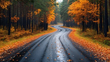 Obraz premium A scenic curving road winds through a vibrant autumn forest, with colorful foliage and fallen leaves on a damp surface.