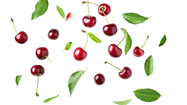 red cherries with green leaves slice isolated on transparent white background, clipping path