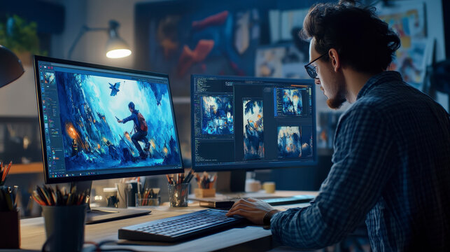 Artist creating digital art, graphic tablet and computer