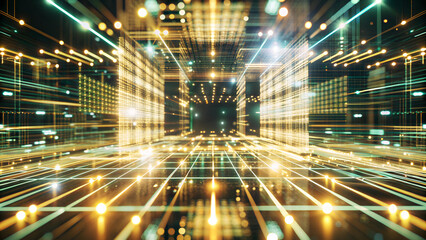 Fototapeta premium High-tech digital grid with pulsating lights. Abstract background