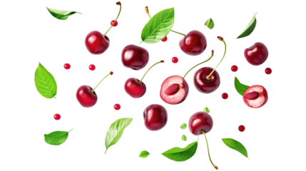 red cherries with green leaves slice isolated on transparent white background, clipping path