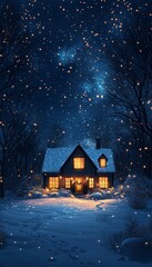 Fototapeta premium A cozy winter scene featuring a warmly lit house amidst falling snow, creating a serene and magical atmosphere.