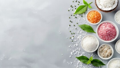 Obraz premium A variety of spices and herbs arranged in bowls, showcasing colorful ingredients for culinary delight.