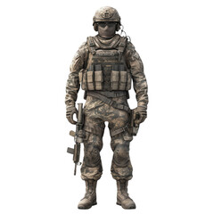 Fototapeta premium A skilled soldier standing in tactical gear, equipped for combat and ready for action in a military environment , PNG , transparent background