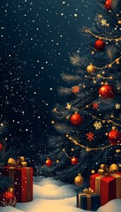 A festive Christmas scene featuring a beautifully decorated tree surrounded by colorful gifts in a snowy landscape.