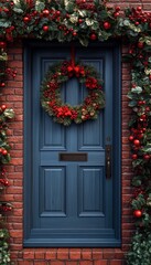 A festive blue door adorned with a vibrant Christmas wreath and decorative greenery, showcasing holiday spirit and charm.