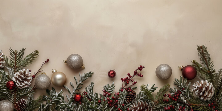 Stilvolle Weihnachtskomposition mit Vintage-Dekorationen, Kugeln, Tannenzweigen auf beigem Hintergrund, &auml;sthetische Weihnachtskartenvorlage