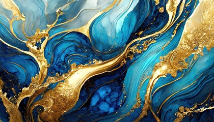 Abstract art featuring blue hues and gold accents in a fluid, marbled pattern.