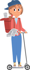 Paper delivery girl. Cartoon kid with newspapers in backpack