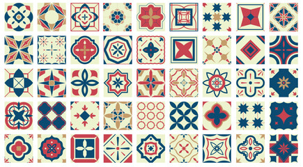 Collection of seamless geometric mosaic patterns - trendy color tile textures. Decorative bright ornamental backgrounds. Vector repeatable prints