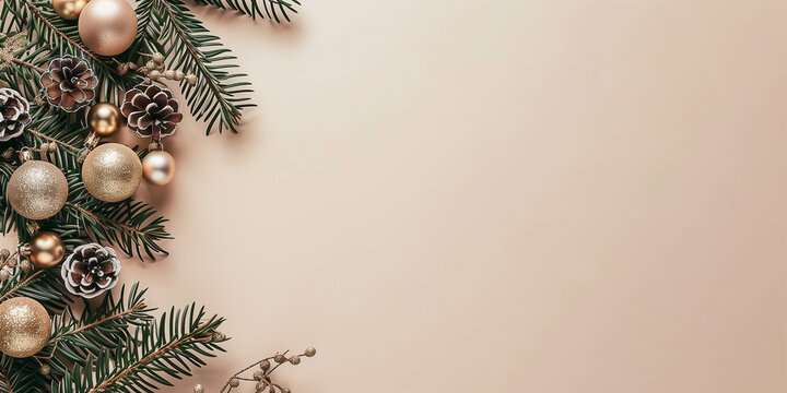 Stilvolle Weihnachtskomposition mit Vintage-Dekorationen, Kugeln, Tannenzweigen auf beigem Hintergrund, &auml;sthetische Weihnachtskartenvorlage
