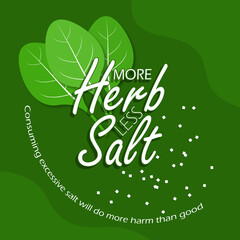 More Herbs Less Salt Day event health banner. Several leaves, bold text and salt on dark green background to celebrate on August 29th