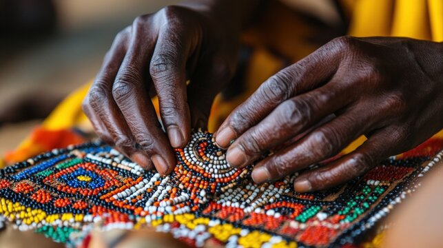 Hadza artisans expertly create intricate beadwork using vibrant colors and traditional techniques, showcasing their cultural craftsmanship at sunset