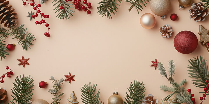 Stilvolle Weihnachtskomposition mit Vintage-Dekorationen, Kugeln, Tannenzweigen auf beigem Hintergrund, &auml;sthetische Weihnachtskartenvorlage